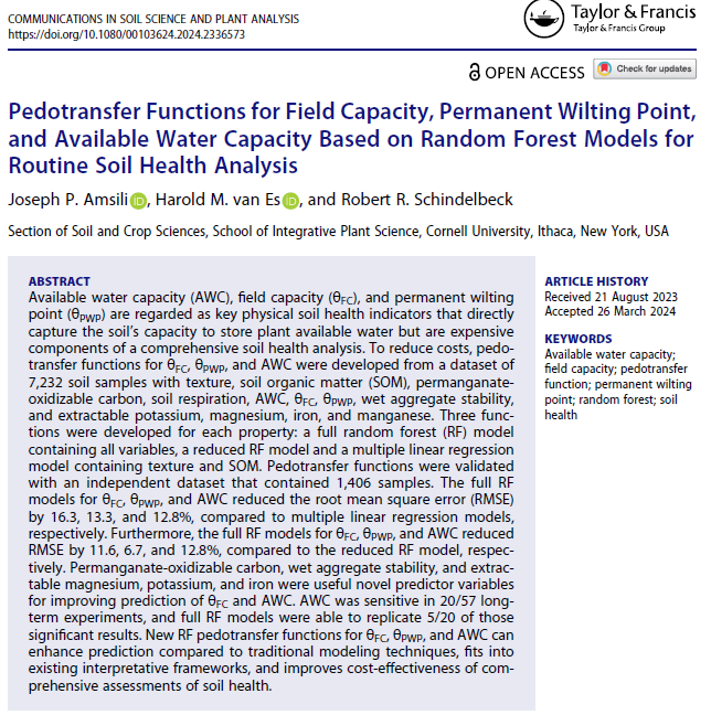 An Available Water Capacity Pedotransfer Function using Random Forest - 2020 Cornell Soil Health Model